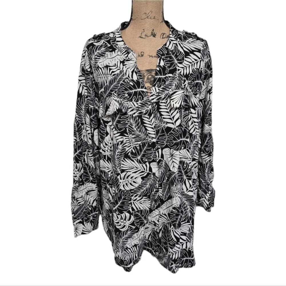 Calvin Klein Black White Tropical Palm Linen Blend Button Blouse Top Shirt 3X - Picture 1 of 11